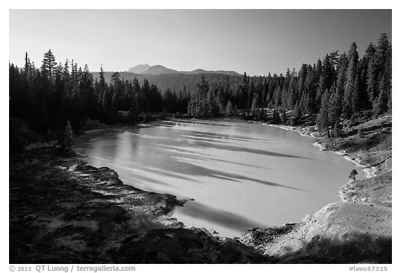 Boiling Springs Lake with long shadows in late afternoon. Lassen Volcanic National Park (black and white)