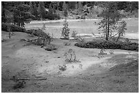 Red earth and greenish waters of Boiling Springs Lake. Lassen Volcanic National Park ( black and white)