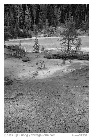 Red cracked mud next to Boiling Springs Lake. Lassen Volcanic National Park (black and white)