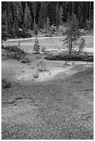 Red cracked mud next to Boiling Springs Lake. Lassen Volcanic National Park ( black and white)