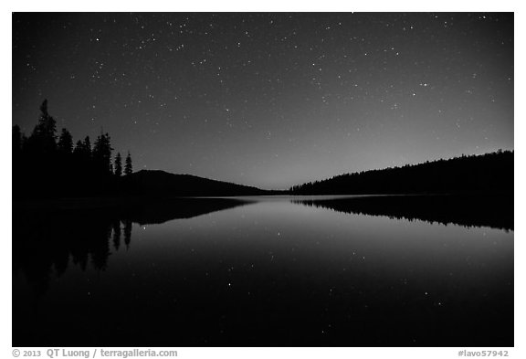 Juniper Lake at night after moonset. Lassen Volcanic National Park (black and white)