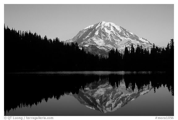 Mt Rainier with perfect reflection in Eunice Lake at sunset. Mount Rainier National Park (black and white)