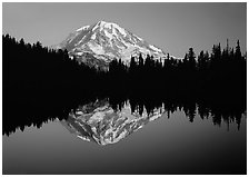 Mount Rainier with calm reflection in Eunice Lake, sunset. Mount Rainier National Park ( black and white)