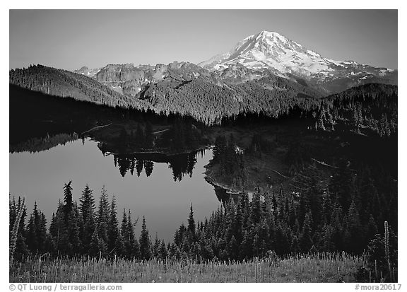 Eunice Lake seen from above with Mt Rainier behind, afternoon. Mount Rainier National Park, Washington, USA.