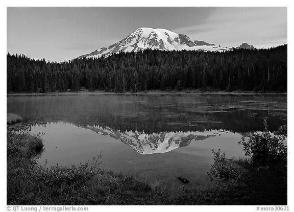Mount Rainier reflected in lake at dawn. Mount Rainier National Park (black and white)