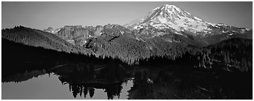 Lake and distant Mount Rainier. Mount Rainier National Park (Panoramic black and white)