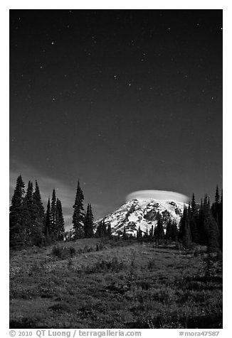 Mount Rainier and stars by night. Mount Rainier National Park (black and white)