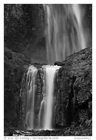 Upper and medium tiers of Comet Falls. Mount Rainier National Park (black and white)