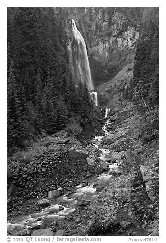 320-foot waterfall (Comet Falls). Mount Rainier National Park (black and white)