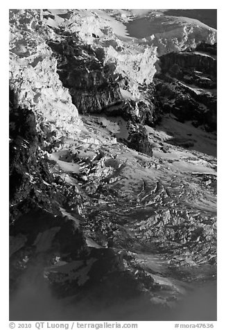 Glaciers, crevasses, and seracs. Mount Rainier National Park (black and white)