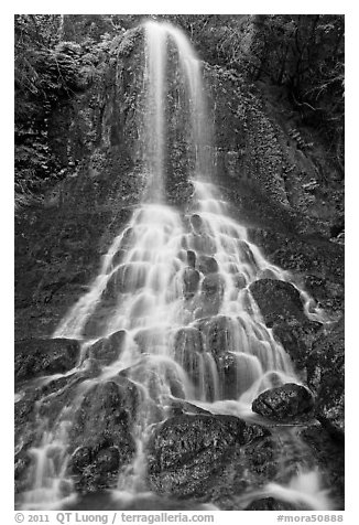 Waterfall cascading over boulders, Falls Creek. Mount Rainier National Park (black and white)