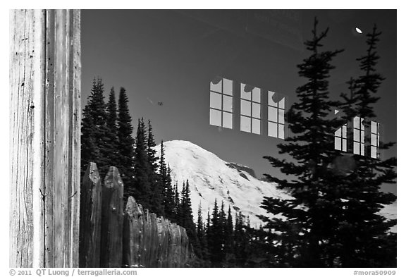 Mt Rainier, Sunrise Visitor Center window reflexion. Mount Rainier National Park (black and white)