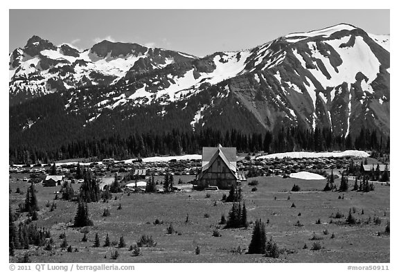Meadows, buildings and parking lot, mountains, Sunrise. Mount Rainier National Park (black and white)