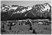Meadows, buildings and parking lot, mountains, Sunrise. Mount Rainier National Park ( black and white)