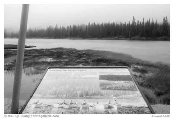 Reflection Lakes interpretive sign. Mount Rainier National Park (black and white)