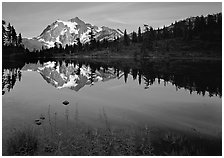 Mount Shuksan and Picture lake, sunset,  North Cascades National Park. Washington, USA. (black and white)