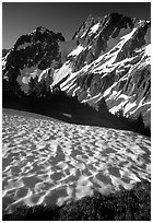 Late summer snow and peaks, Cascade Pass area, morning, North Cascades National Park.  ( black and white)