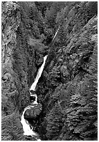 Waterfall in narrow gorge,  North Cascades National Park Service Complex. Washington, USA. (black and white)