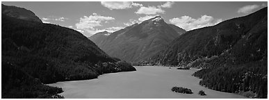 Turquoise colored lake and mountains, North Cascades National Park Service Complex.  (Panoramic black and white)