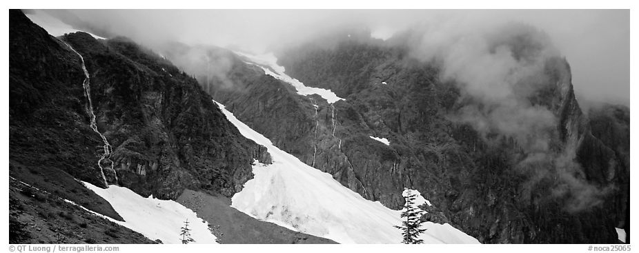 Waterfalls, neves, and clouds, North Cascades National Park.  (black and white)