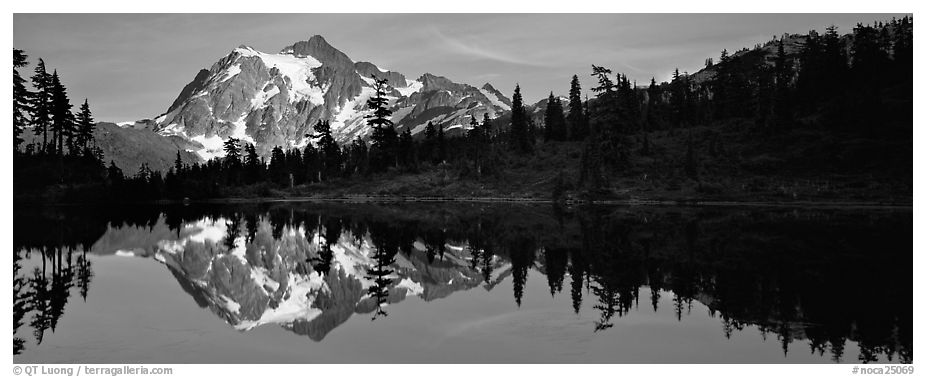 Lake with mountain reflection. North Cascades National Park (black and white)