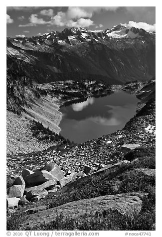Forbidden, Boston, and Sahale Peak above Hidden Lake, North Cascades National Park.  (black and white)