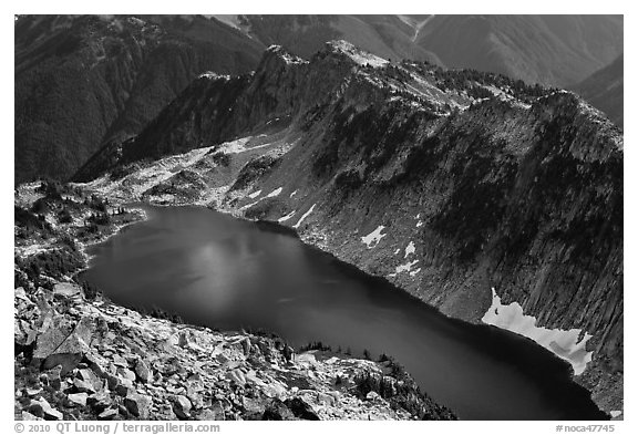 Hidden Lake from Hidden Lake Peak, North Cascades National Park.  (black and white)
