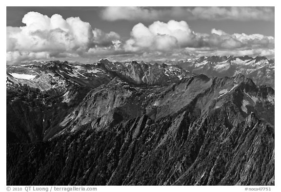 Mountains and afternoon cumulus clouds, North Cascades National Park.  (black and white)