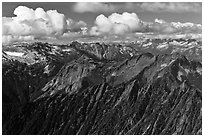 Mountains and afternoon cumulus clouds, North Cascades National Park.  ( black and white)