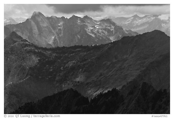Distant ridges in storm light, North Cascades National Park.  (black and white)