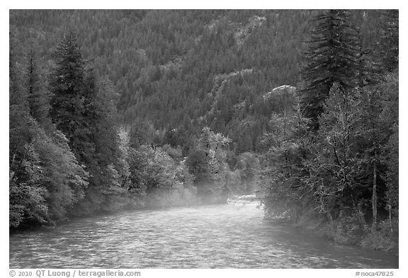 Fog rising from the Skagit River, North Cascades National Park Service Complex.  (black and white)