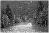 Fog rising from the Skagit River, North Cascades National Park Service Complex.  ( black and white)