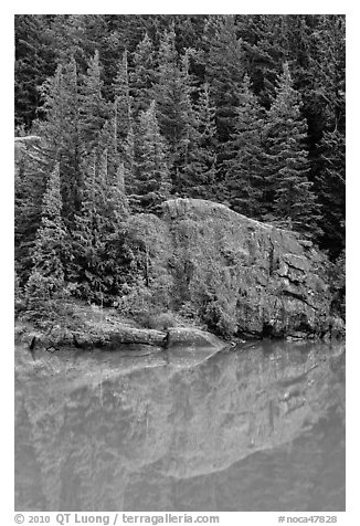 Trees and boulders reflected in Gorge Lake, North Cascades National Park Service Complex. Washington, USA.