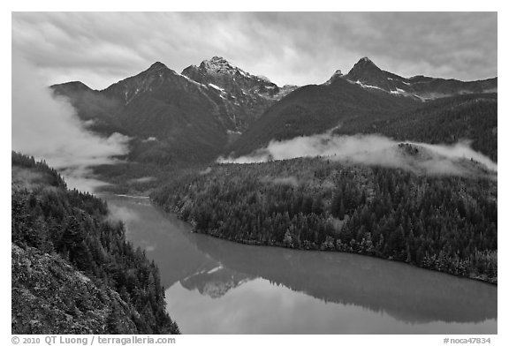 Colonial Peak and Pyramid Peak above Diablo Lake on rainy evening, North Cascades National Park Service Complex.  (black and white)