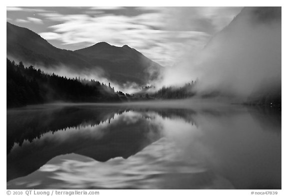 Moonlit fog, Diablo Lake, North Cascades National Park Service Complex.  (black and white)