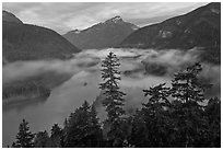 Diablo Lake and fog, dawn, North Cascades National Park Service Complex.  ( black and white)