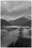 Diablo Lake, fog, and moon, dawn, North Cascades National Park Service Complex.  ( black and white)