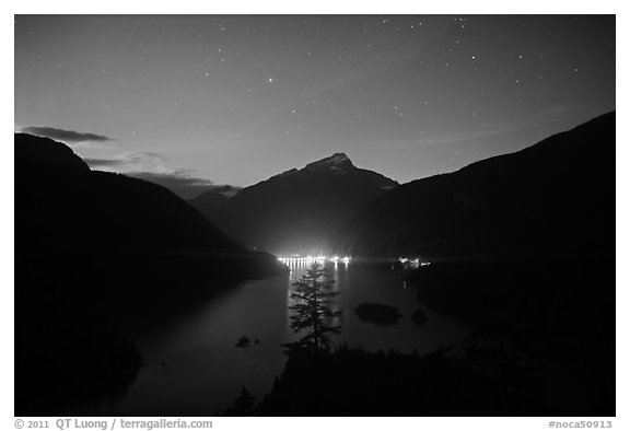 Diablo Lake by night with lights of dam,  North Cascades National Park Service Complex.  (black and white)