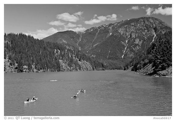 Canoes and kayaks on Diablo Lake,  North Cascades National Park Service Complex.  (black and white)
