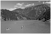 Canoes and kayaks on Diablo Lake,  North Cascades National Park Service Complex.  ( black and white)