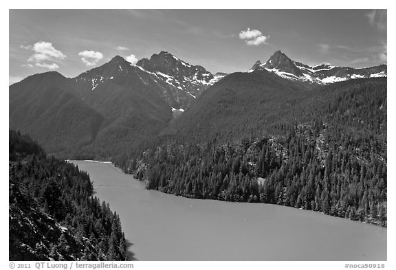 Diablo Lake with green waters, morning,  North Cascades National Park Service Complex.  (black and white)