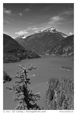 Colonial Peak and Pyramid Peak above Diablo Lake, summer morning,  North Cascades National Park Service Complex.  (black and white)