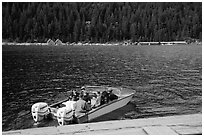 Boat ride across lake to Ross Lake resort, North Cascades National Park Service Complex.  ( black and white)