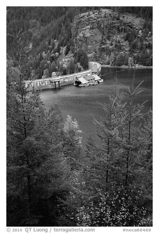 Ross Lake and dam, North Cascades National Park Service Complex.  (black and white)