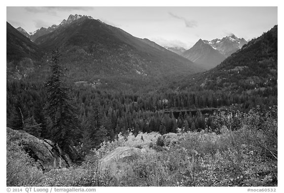 Visitor looking, McGregor Mountain above Coon Lake, North Cascades National Park Service Complex.  (black and white)