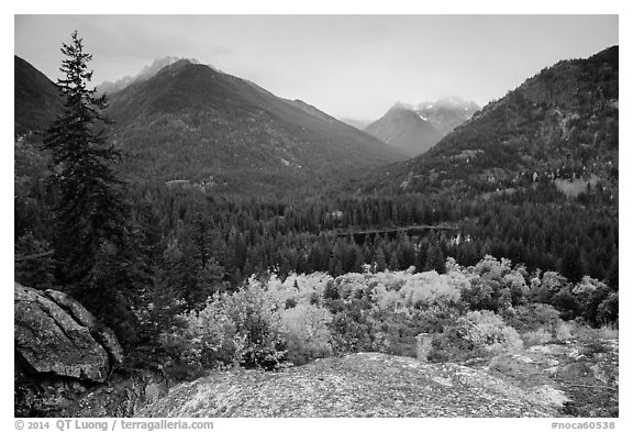 Coon Lake from above and Agnes peak, North Cascades National Park Service Complex.  (black and white)