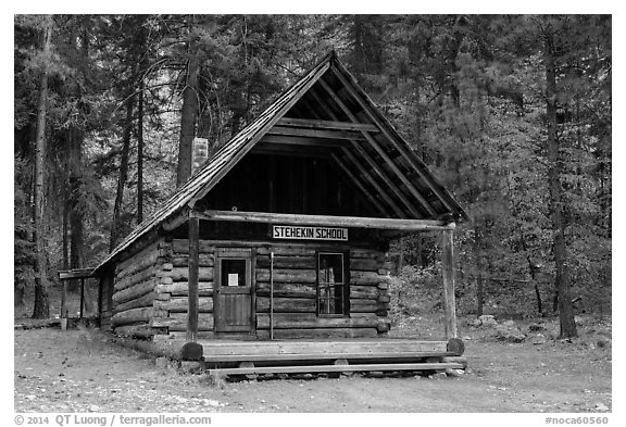 Historic schoolhouse, Stehekin, North Cascades National Park Service Complex.  (black and white)