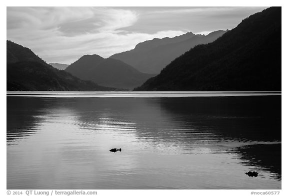 Lake Chelan reflections, Stehekin, North Cascades National Park Service Complex.  (black and white)