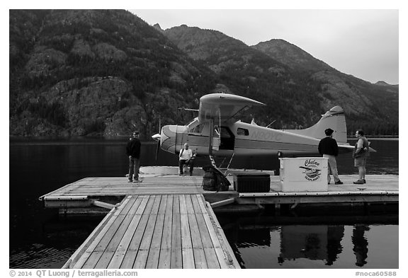 Floatplane and deck, Stehekin, North Cascades National Park Service Complex.  (black and white)