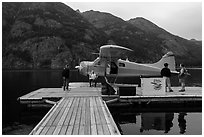 Floatplane and deck, Stehekin, North Cascades National Park Service Complex.  ( black and white)